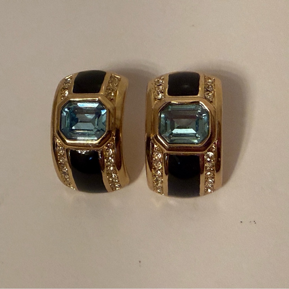 CHRISTIAN DIOR EARRINGS Unsigned BLACK ENAMEL BLUE CLEAR CRYSTALS HUGGIE POST
